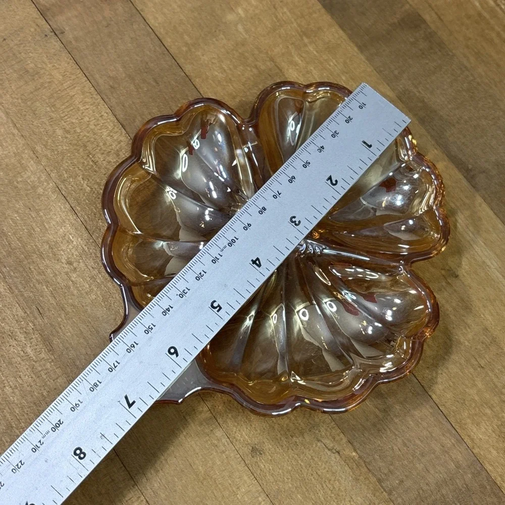 Vintage Jeannette Glass Marigold Carnival 3 Leaf Clover Divided Candy Nut Dish